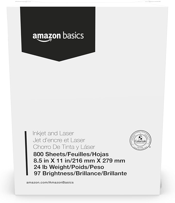 Amazon Basics Multipurpose Copy Printer Paper, 8.5 x 11 Inches, 24 lb Weight, 97 Brightness, White, 800 Sheets (1 Mega Ream), for Inkjet and Laser, Copy & Print