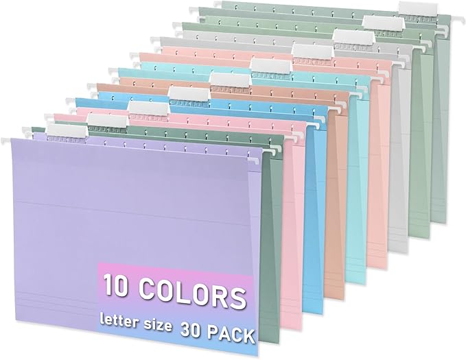 30pcs Hanging File Folders,Decorative Hanging Folder,Letter Size with 1/5-Cut Adjustable Tab Durable 10 Color Assorted for Filing Cabinet Drawer Desk Office Home
