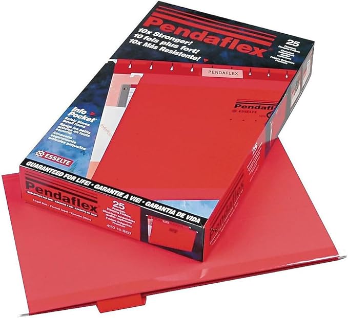 Pendaflex Reinforced Hanging File Folders, Legal Size, Red, 1/5 Cut, 25/BX (4153 1/5 RED)