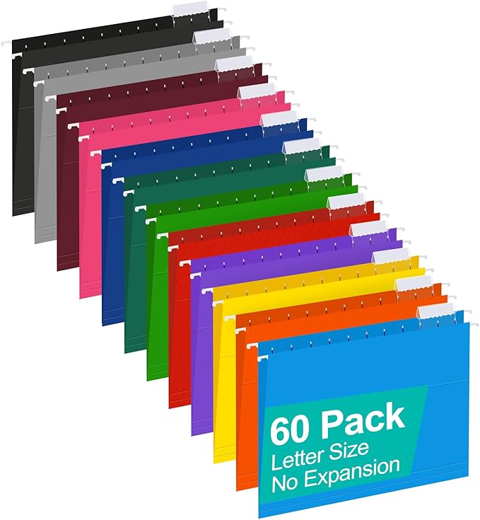 HERKKA Hanging File Folders, 60 Pack Reinforced Letter Size Hanging Folders with Heavy Duty 0 Inch Expansion, Designed for Bulky Files, Medical Charts, 1/5-Cut Adjustable Tabs, 12 Assorted Colors