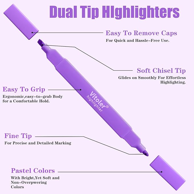 Vitoler Highlighters,Dual Tip Highlighters Vibrant Colors,8 Pack Soft Tip Highlighter Set for School Office Supplies