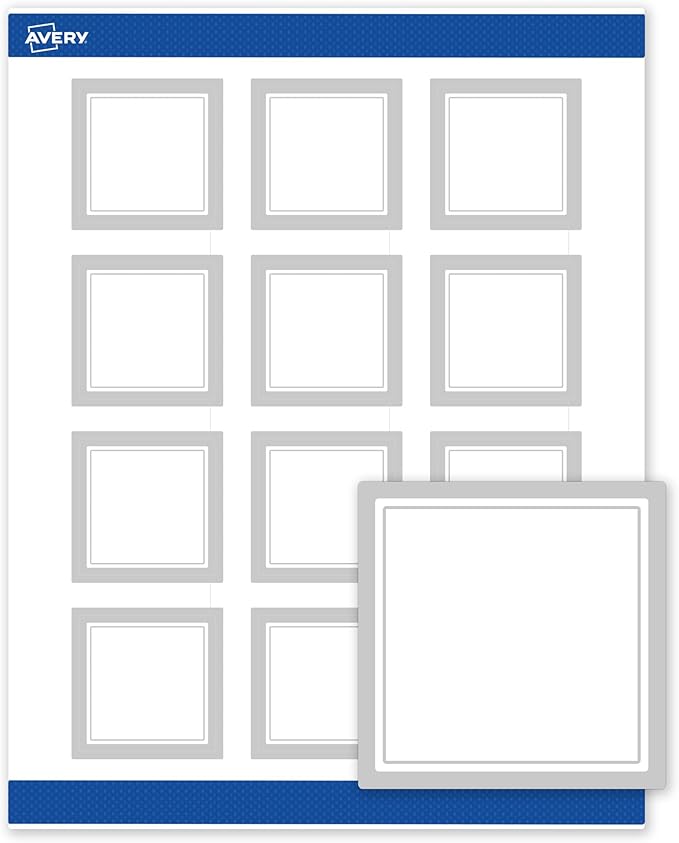 Avery Printable Square Labels with Sure Feed Technology, Pre-Printed Silver Mirror Metallic Design, Matte White, 2" x 2", Laser & Inkjet Compatible, 120 Total