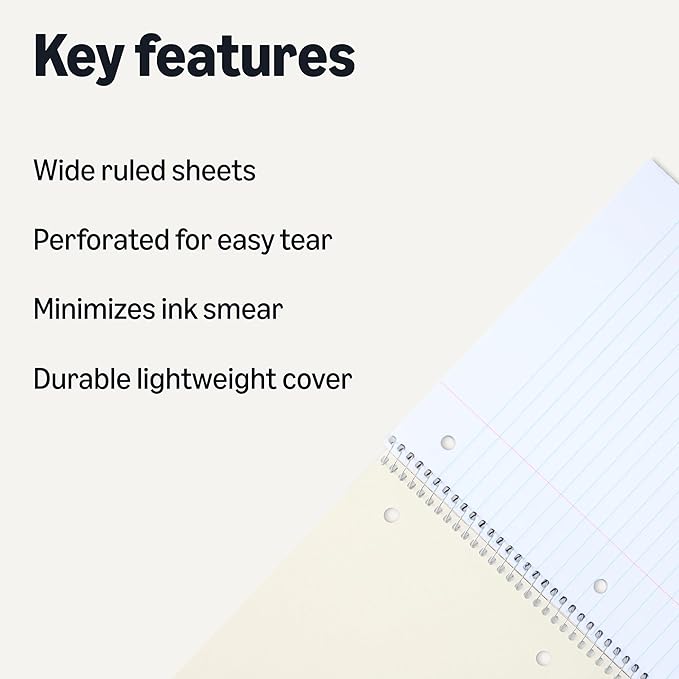 Amazon Basics Wide Ruled Spiral Notebook, For Work and School, 70 Sheets, 8" x 10.5", 5 pack, Assorted Pastel Solid Colors