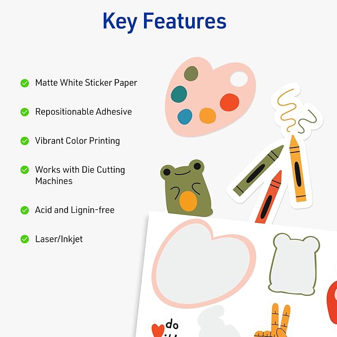 Avery Printable Sticker Paper, 8.5" x 11", Matte White, Repositionable Adhesive, Laser/Inkjet Compatible, 5 Full-Size Label Sheets, Great for Product Branding, Cute Stickers, Crafts, and More (53202)
