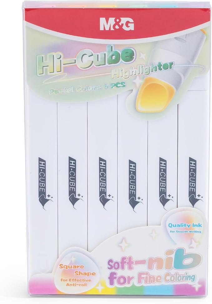 M&G HI-CUBE Highlighters, 6 Pack Pastel Colors, Soft-Nib Chisel Tip with Fat Rectangular Barrel Design, No Bleed Highlighters for Journaling, Planners, Study Notes, Creative Writing & School Supplies
