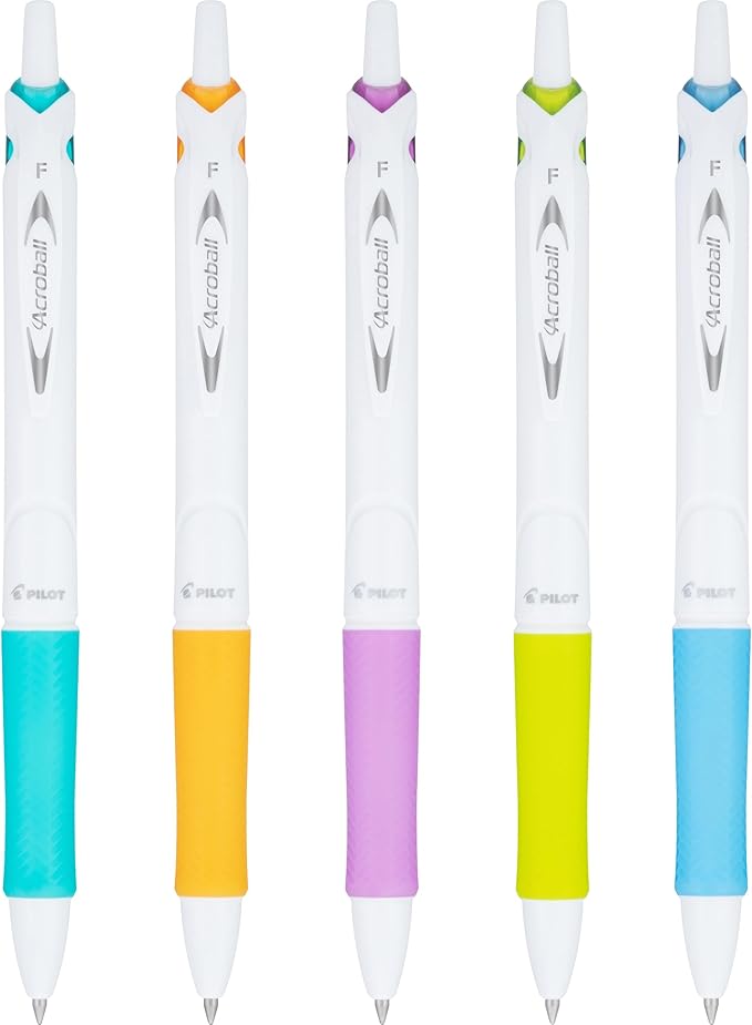PILOT Acroball PureWhite Advanced Ink Refillable & Retractable Ball Point Pens with Turquoise/Orange/Purple/Lime/Blue Accents, Fine Point, Black Ink, 5-Pack (31861)