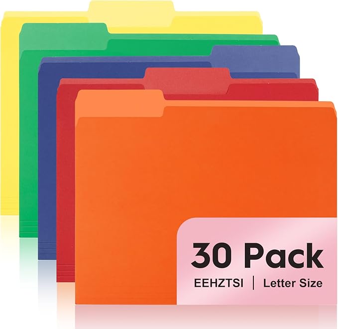 30-Pack Color File Folders, 1/3 Cut Tab, Assorted 5 Colors Letter Size Manilla Folder for School/Office/Classroom