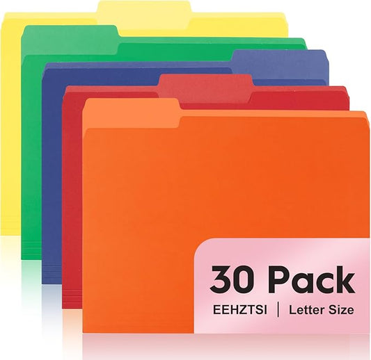 30-Pack Color File Folders, 1/3 Cut Tab, Assorted 5 Colors Letter Size Manilla Folder for School/Office/Classroom