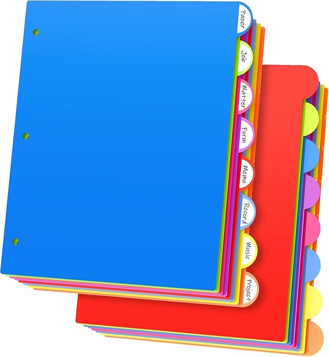Dividers for 3 Ring Binder, 8 Tabs 16 Pcs Plastic Binder Dividers with Tabs, 3 Hole Punched Dividers Index Tab Dividers Colored Letter Size for School Office Multicolor