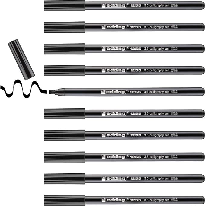 edding 1255 Calligraphy Pen - Black - Box of 10 - Calligraphy Nib 3.5 mm - Fibre Pen for Paper, Wood, Terracotta, Canvas - Hand Lettering, Bullet journals, Thank You Cards, Calligraphy Books