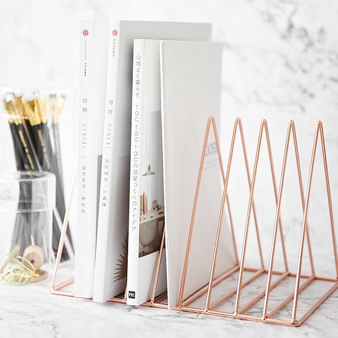 Sooyee 2 Pack 9 Slot Rose Gold Magazine Holder,Desktop File Sorter Organizer Triangle Bookshelf Decor Home Office