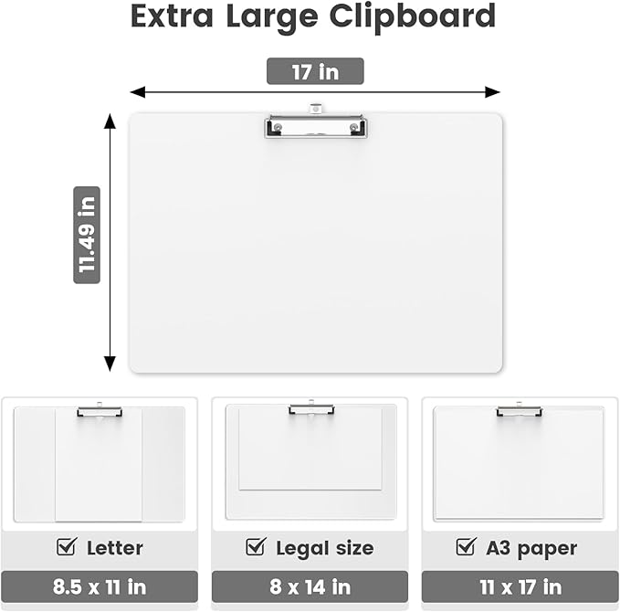 Extra Large 11x17 Clipboards, Plastic White Drawing Boards, Horizontal Clip Board, Landscape Layout. Suitable for Watercolor, Sketching, Painting. Art & Drafting Supply