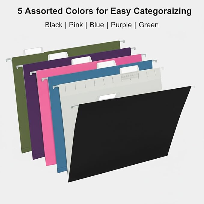 50 Packs Hanging File Folders,Assorted Color Letter Size File Folders with 1/5 Adjustable Cut Tabs for Office/Home/School,Decorative,Drawer,Desk and Cabinet Use(Black,Blue,Pink,Purple,Standard Green)