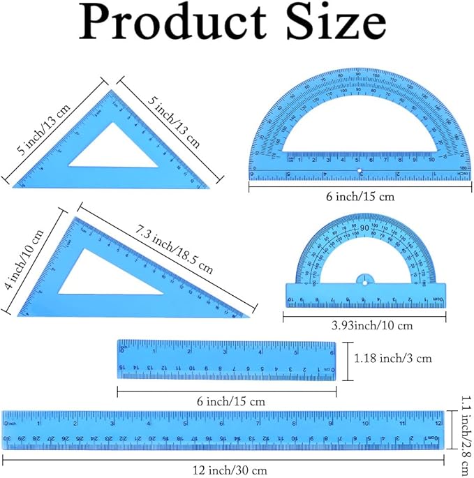 Plastic Clear Ruler Math Set, 6" | 12" Straight Ruler Protractor, 2 Protractors 180 Degree 2 Triangle Rulers 45 | 60 Degree 2 Straight Rulers Measuring Tool for School Office Home Supplie,Blue
