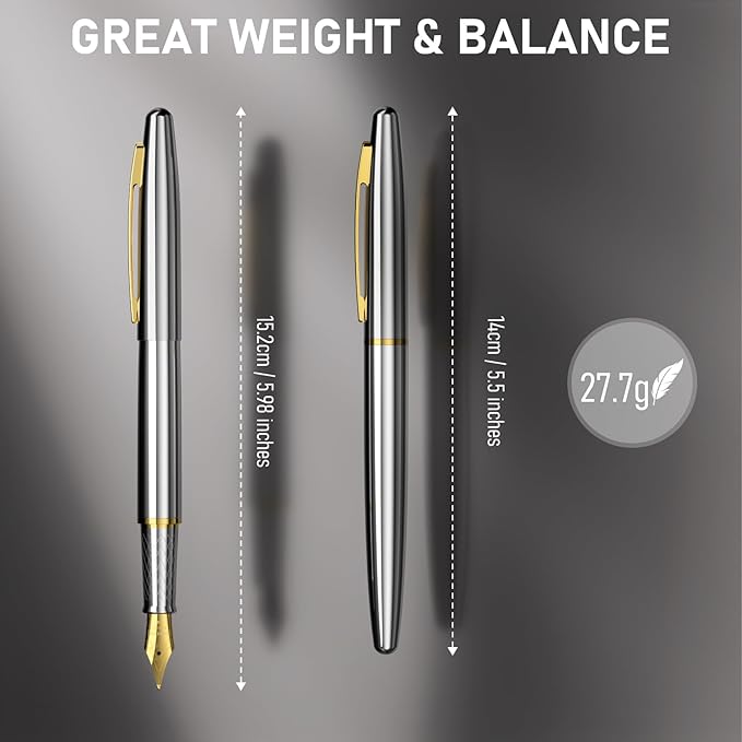 Nicpro Fountain Pen Set with Box, Classic Silver-Gold Fancy Pen with Converter, 0.7mm Medium Nib Smooth Writing Calligraphy, Office, Business, Luxury Gift Pen (Pack of 2)