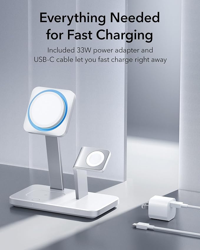 ESR for 25W 3-in-1 Magsafe Charger Stand, Made for Apple-Certified Magnetic Wireless Charger, 15W Charging Station for iPhone 17/16/15/14/13 Apple Watch/AirPods Pro, Phone-Cooling Charger, White