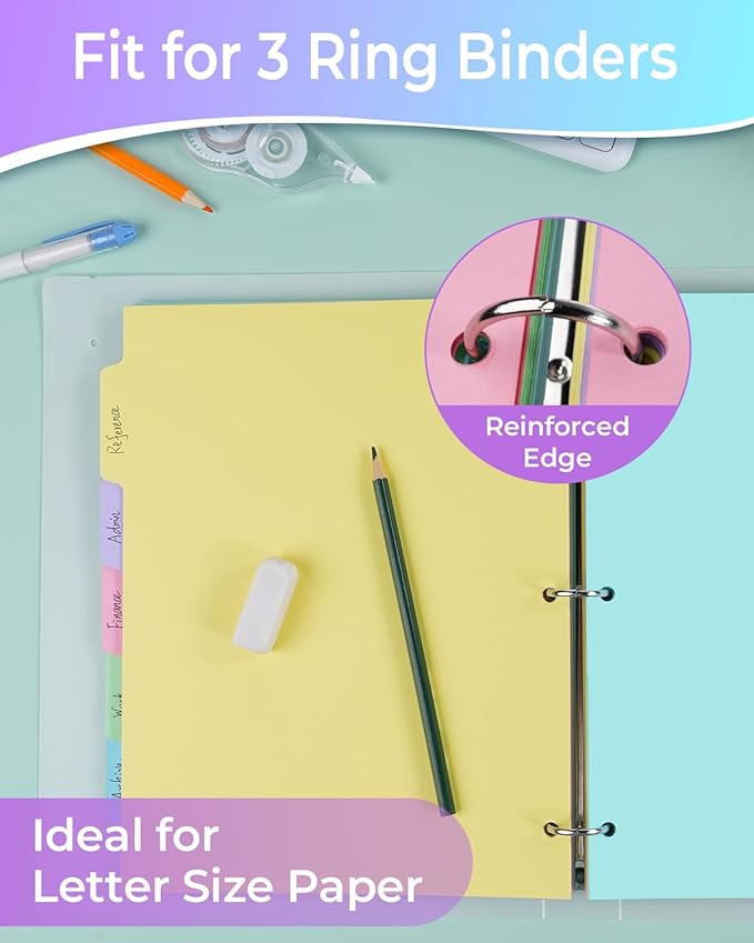 Dynta Binder Dividers with 5 Tabs Bulk 250 Packs (50 Sets) Colorful 8.5x11 Inches for 3 Ring Binder, Letter Size, 5 Colors Durable Paper 3 Hole Punch Index Divider for Students, Kids, Women