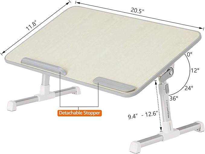 Amazon Basics Portable Foldable Adjustable Laptop Stand Tray Table Lap Desk for Bed and Couch, Fits up to 17-Inch Laptop, 12"x20", Cream