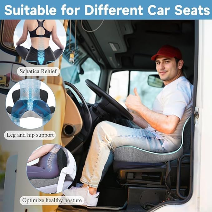 Memory Foam Contoured Seat Cushion with L-Shaped Ergonomic Design for Office Chair Car Seats  Seat Cushion for Truck Driver, Truck Car Seat Cushions for Driving Lumbar Support (Grey&Black)