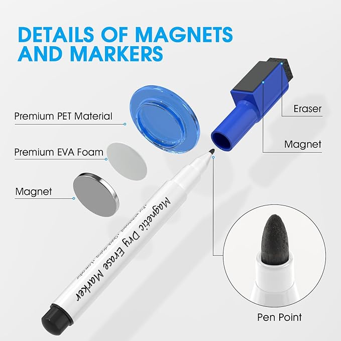 MaxGear Strong Round Magnets with 4 Dry Erase Markers, 6 Colorful Whiteboard Accessories Set for Glass White Board, Refrigerator, Office, Classroom, and Home Use