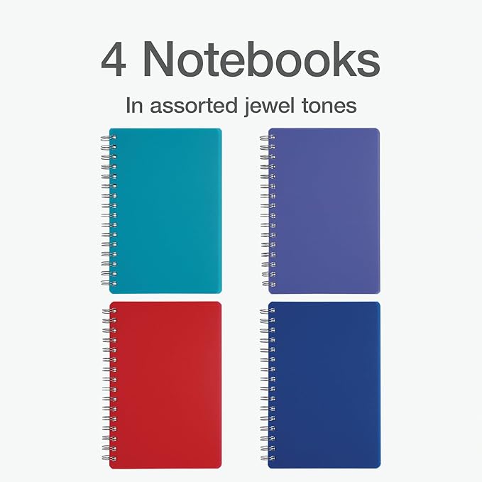 Oxford Poly Spiral Notebooks, Small 5.7" x 8.5" Book, Thick Poly Cover, White Paper, College Rule, 80 Sheets/160 Pages, Jewel Tones, (69720) Pack of 24