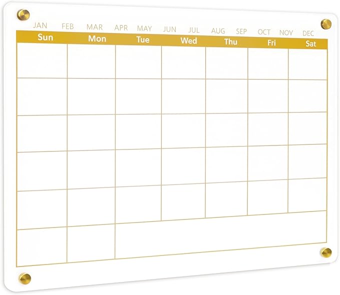 Acrylic Calendar Dry Erase Board for Wall,15.7''x11.8'', Golden Monthly Calendar Whiteboard for Home,Office, School