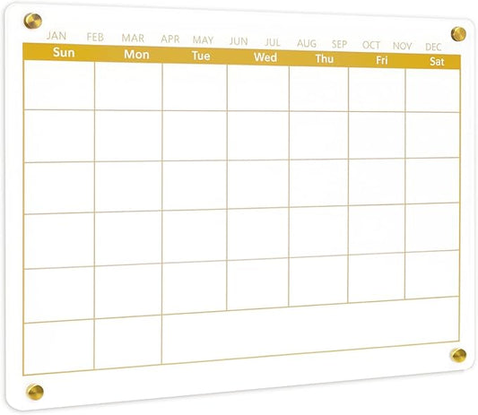 Acrylic Calendar Dry Erase Board for Wall,15.7''x11.8'', Golden Monthly Calendar Whiteboard for Home,Office, School