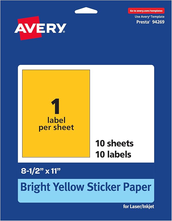 Avery Printable Sticker Paper, 8-1/2" x 11", Full-Sheet Labels, Bright Yellow Labels, Laser/Inkjet Printable, 10 Total, Great for Packaging and Stickers