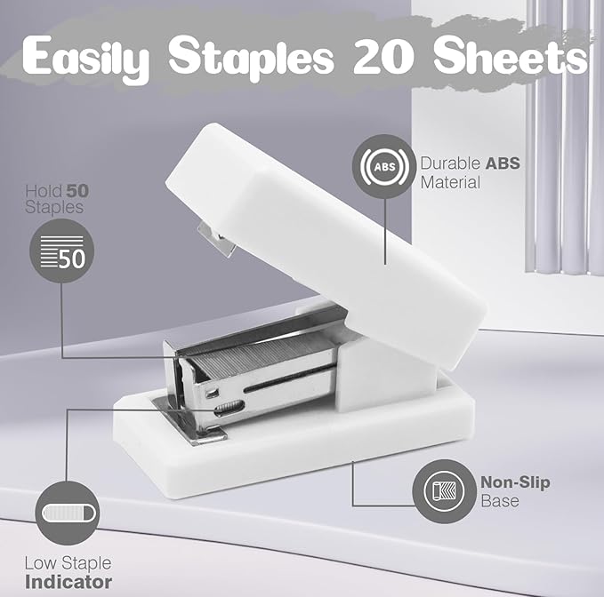 White Mini Stapler with Staples, Portable Office Supplies Set with Small Stapler, Staple Remover and 2,000 Staples, Cute Mini Stapler for Desk, School, Office & Home Desk Essentials