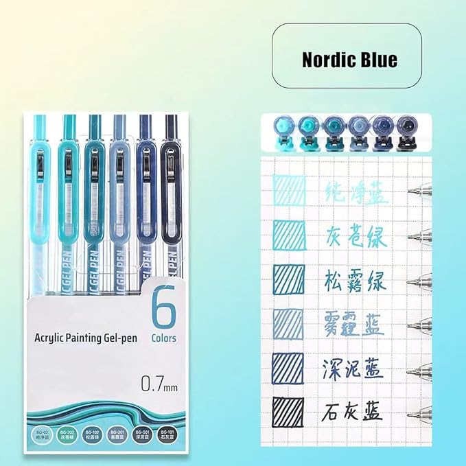 6 Colors Acrylic Gel Pens for Coloring, 0.7mm Fine Tip for Adult Coloring, Black Paper, Drawing, Journaling, Note Taking, Nordic Blue