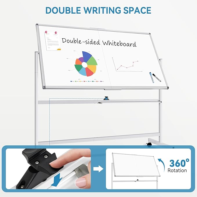 Double-Sided Rolling Whiteboard Dry Erase, 72" x 36" Large Mobile White Board with Stand, Giant Magnetic Dry Erase Board on Wheels for Office, Home & School