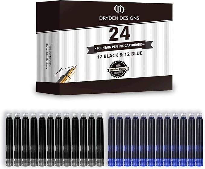 Dryden Designs Fountain Pen - Medium and Fine Nibs | Includes 24 Ink Cartridges and Ink Refill Converter | Calligraphy Pen, Consistent Writing, Smooth Look - Intense Black.