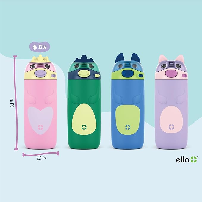 Ello Ellies 12oz Vacuum Insulated Stainless Steel Kids Water Bottle with Straw and Built-in Carrying Handle & Leak-Proof Locking Lid for School Backpack, Lunchbox & Outdoor Sports, Dino (Pack of 6)