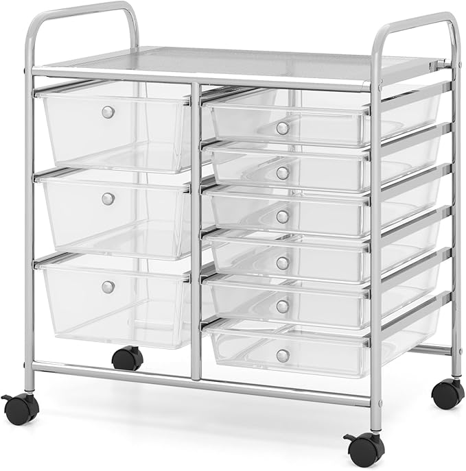 COSTWAY Rolling Storage Cart with 9 Drawer, Mobile Utility Cart with Metal Frame, Art Supply Craft Organizer, Multipurpose Storage Organizer for Paper, Office, School Teacher, Classroom, Transparent