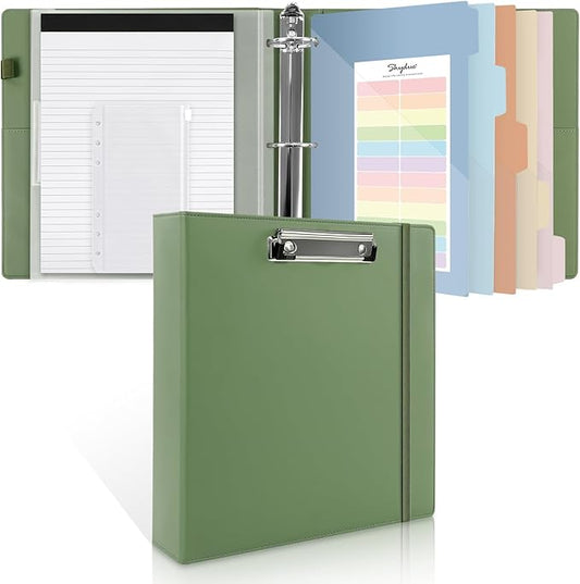 SKYDUE 3 Ring Binder with Clipboard, 2 Inch Binder, PU Clipboard Binder with Notepad & 5 Dividers with 5 Pockets, Labels, Clipboard Folder Great for School Office(Fit Letter Sized Paper)