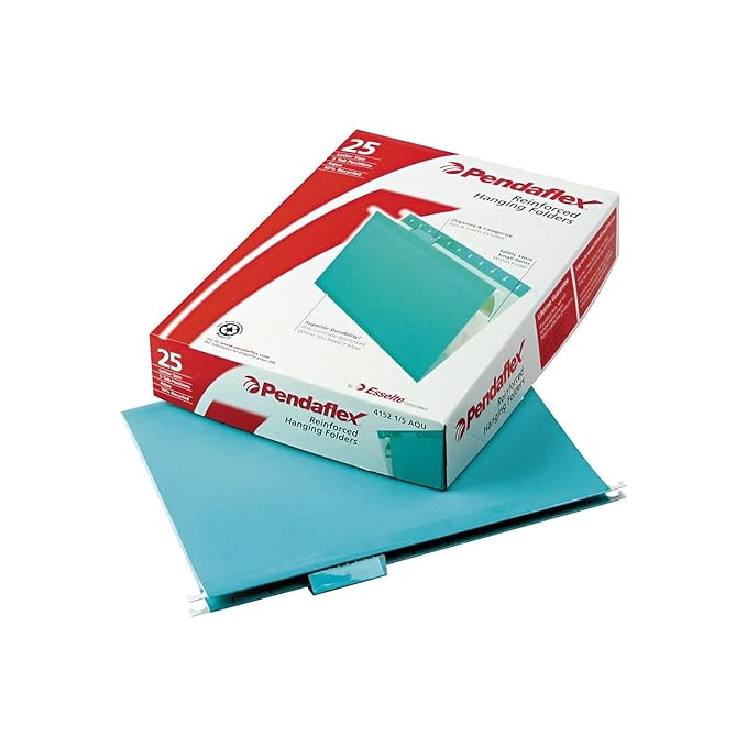 Pendaflex Reinforced Hanging File Folders, Letter Size, Aqua, 1/5 Cut, 25/BX (4152 1/5 AQU)