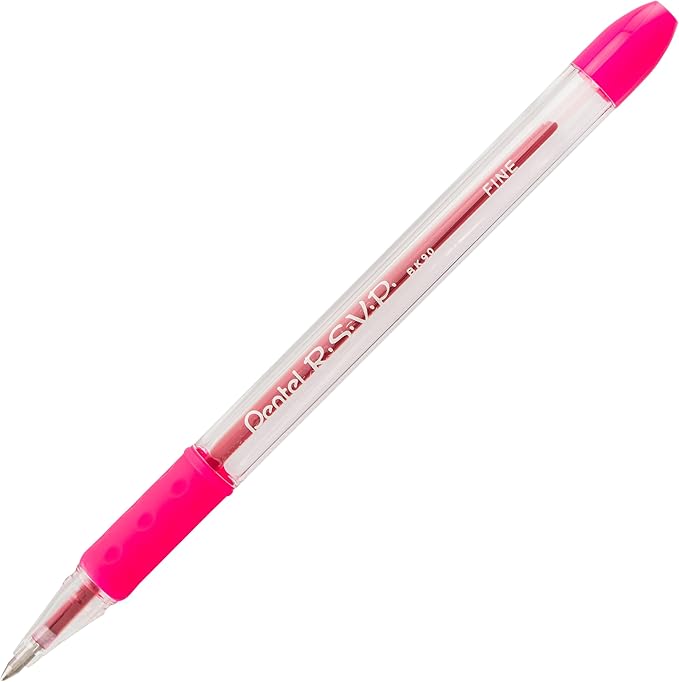 Pentel RSVP Ballpoint Pen, (0.7mm) Fine Line, Pink Ink, Box of 12 (BK90-P)