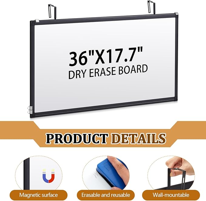 36" x 18" Magnetic Cubicle Whiteboard Erase Board Wall Mount Long Board Black Aluminum Frame Hook Mounting System