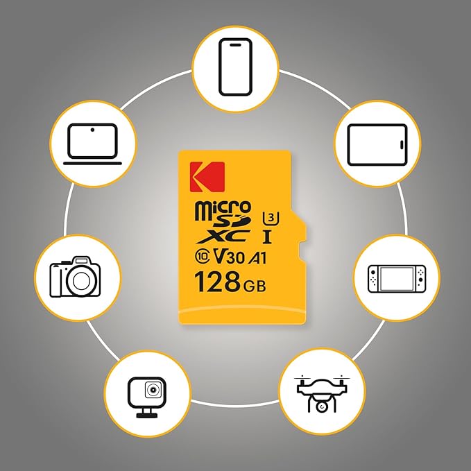 KODAK 128GB UHS-I U3 V30 A1 MicroSDXC Card with Adapter - Up to 95MB/s Read Speed - Up to 85MB/s Write Speed - Additional Storage for Multimedia Devices