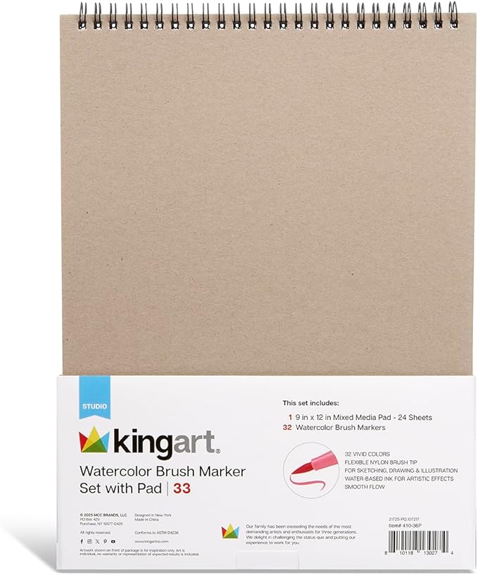 KINGART 33-Piece Watercolor Brush Marker Set with 9x12 Mixed Media Pad – 32 Vibrant Flexible Nylon Tip Pens and 24-Sheet Premium 90 lb Paper Pad – Professional Drawing Kit for Painting and Blending
