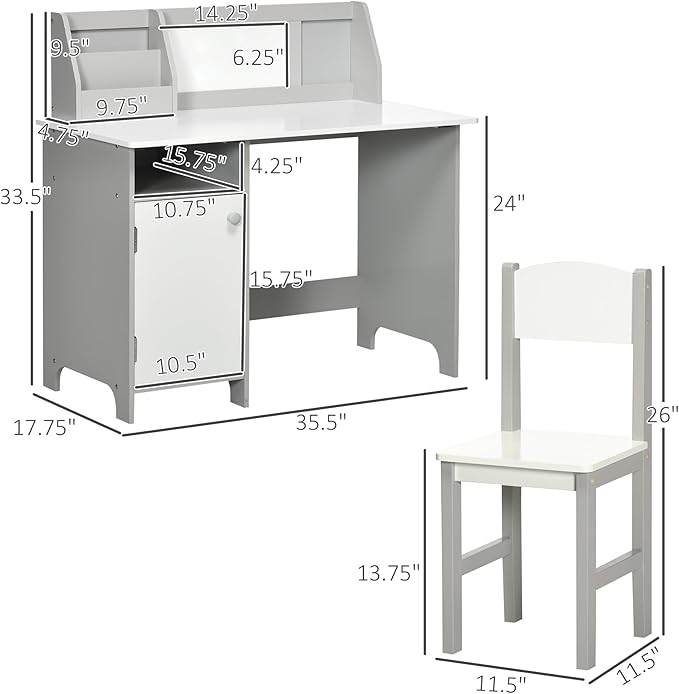 Qaba Toddler Desk and Chair Set, Kids Writing Desk Study Table for Children with Whiteboard, Storage Cabinet, Child Furniture, Art Gifts for Kids, Gray