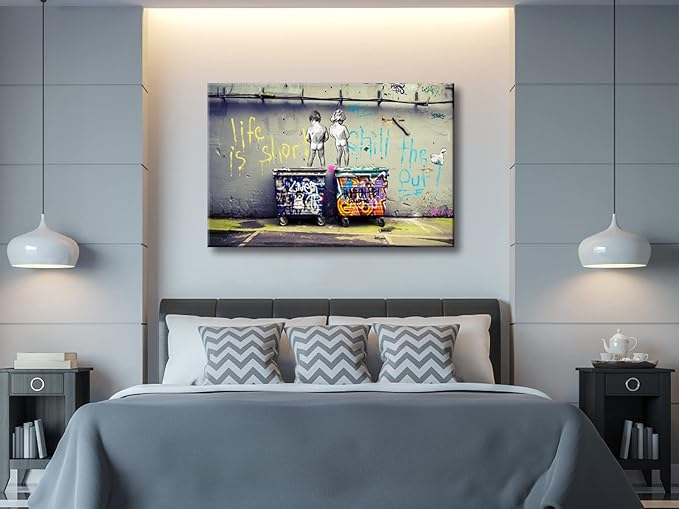 Wieco Art Large Gallery Wrapped Canvas Prints Life is Short Chill the Duck Out Banksy Boys Artwork Reproduction Graffiti Poster Print on Canvas Art for Bedroom Home Kitchen Decorations