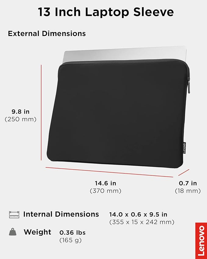 Lenovo Basic Laptop Sleeve 13 Inch Notebook/Tablet Compatible with MacBook Air/Pro Neoprene Material - Soft Fleece Lining - Zippered Top Opening - Black