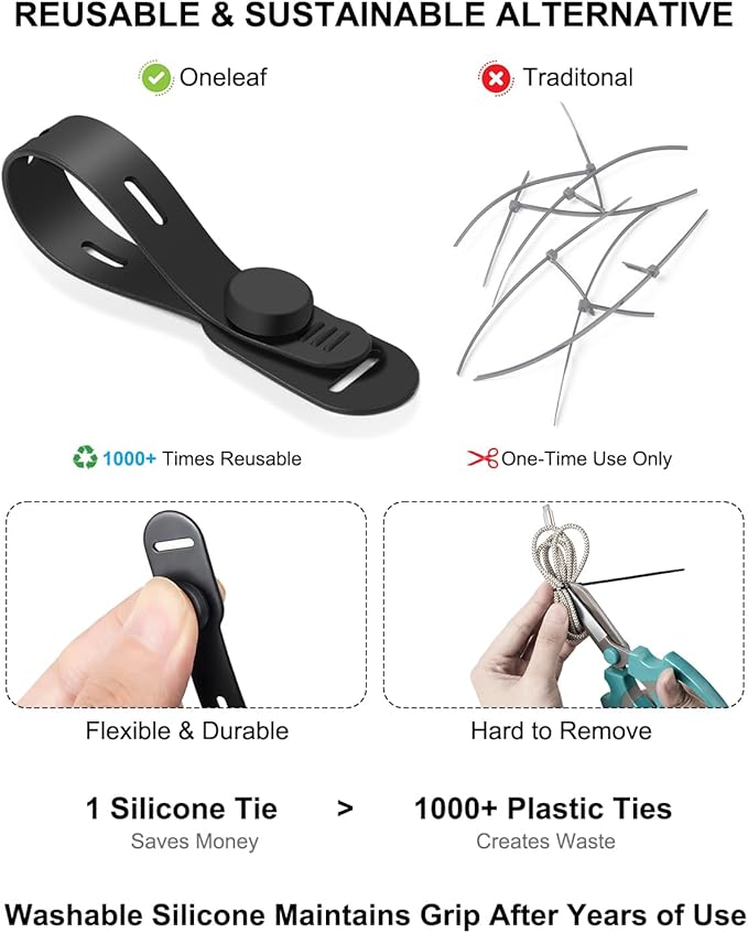 OneLeaf Reusable Silicone Cable Ties, Soft Cord Bundlers for USB Chargers, Kitchen Appliance, Adjustable Wire Management Straps with Secure Buckle, Travel Tech & Cruise Essentials Keepers, Multicolor
