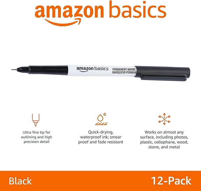 Amazon Basics Ultra Fine Point Permanent Markers for Drawing and Writing, Quick Drying, Fade Resistant, Black, 12-Pack