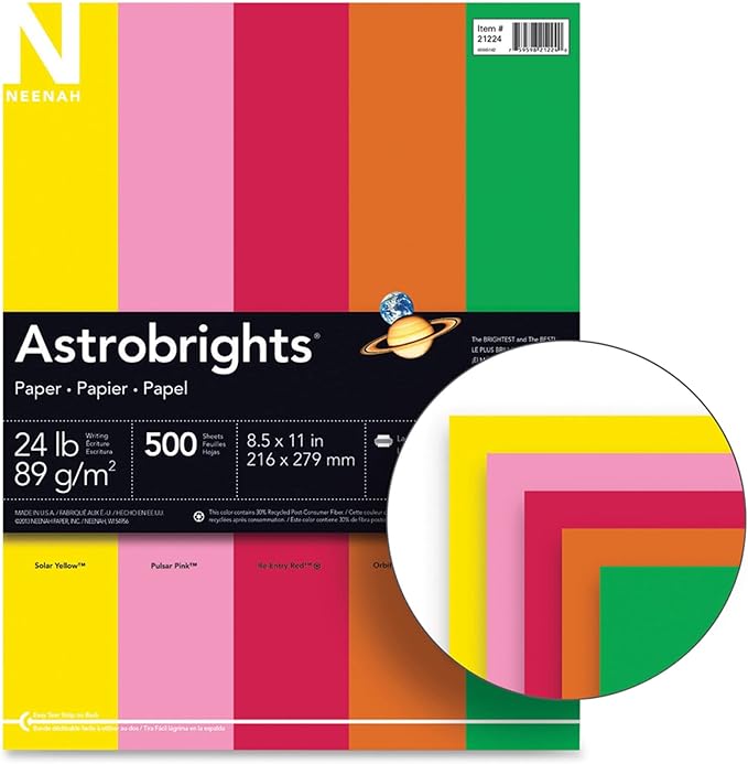 Neenah Bright Color Paper, Wausau Astrobrights®, Letter Paper Size, 24 Lb, 8-1/2 x 11 in, Multi-colored, Ream Of 500 Sheets