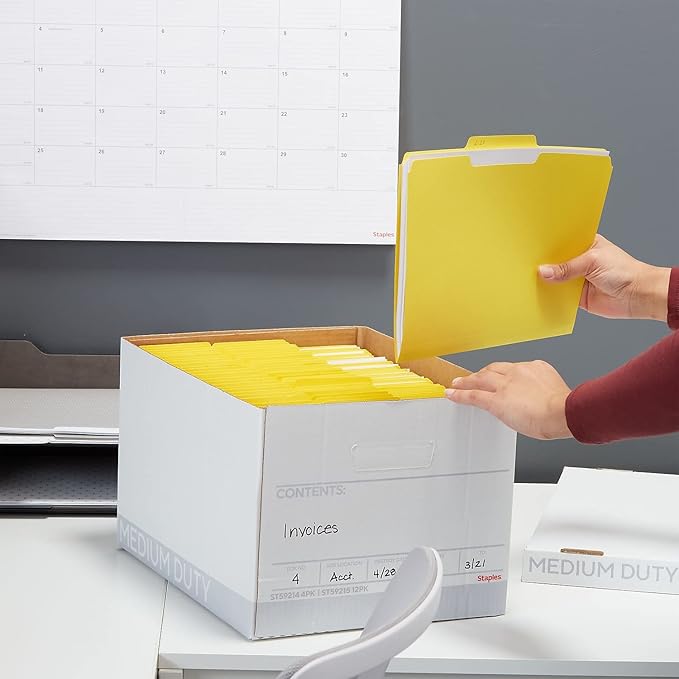 STAPLES Storage & Filing Box, Medium-Duty with Handles & Removeable Lid, Letter Size Documents, Stackable, 12-Pack, White/Gray