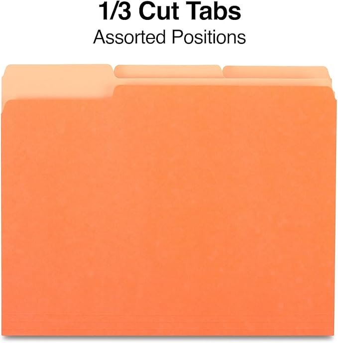 Staples Top‑Tab File Folders, Letter Size, 3‑Tab Design, Orange, Durable Paper Stock, 100/Box
