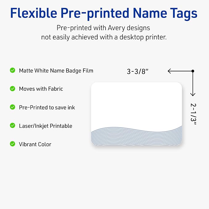 Avery Printable Rectangle Adhesive Name Badges, Pre-Printed Colorful Design, Matte White, 2-1/3" x 3-3/8", Laser & Inkjet Compatible, 80 Total, Great for Branding, Marketing, and Events