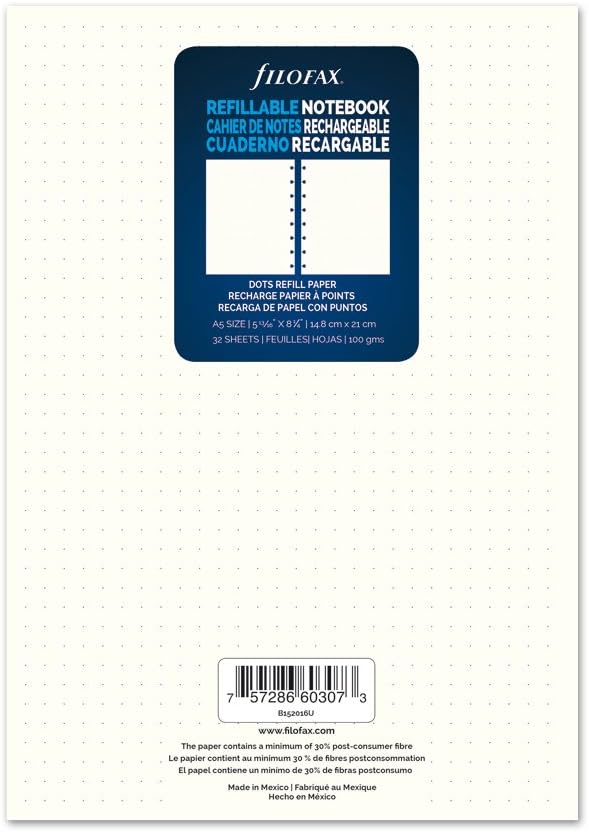 Filofax Notebooks A5 Dotted Journal Refill, Moveable, 8.25 X 5.75, 32 Cream Sheets Fits Refillable A5 Journals (B152016U)